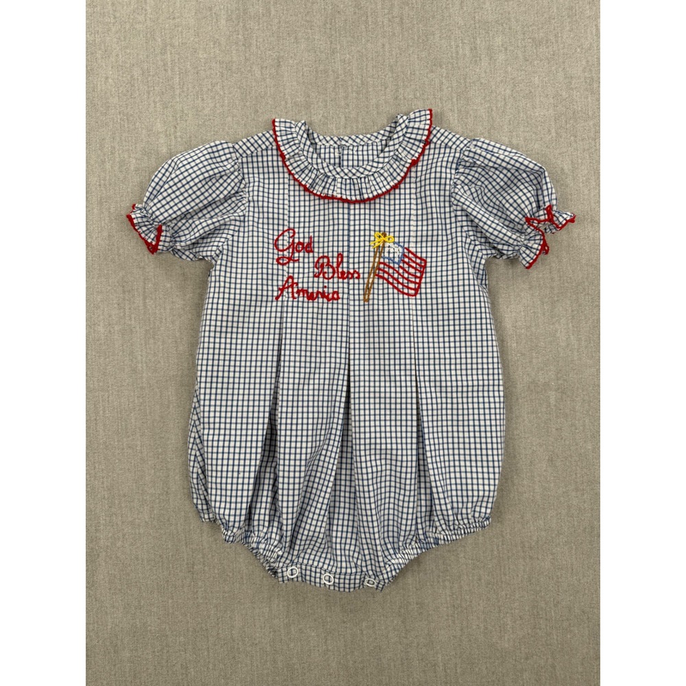 Remember Nguyen God Bless America Gingham Bubble Romper Blue White 3M